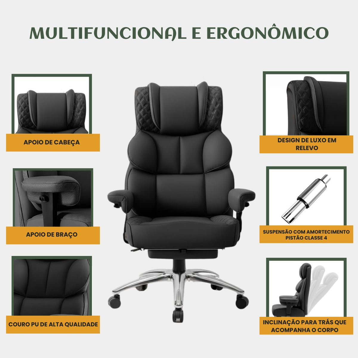 Cadeira de Escritorio Poltrona Berlim Gamer Ergonômica Couro Sintético Pillow Top Reclinável Suporte Lombar Apoio de Pés e Braços Macio Resistente Suporta 200kg LuvinCo