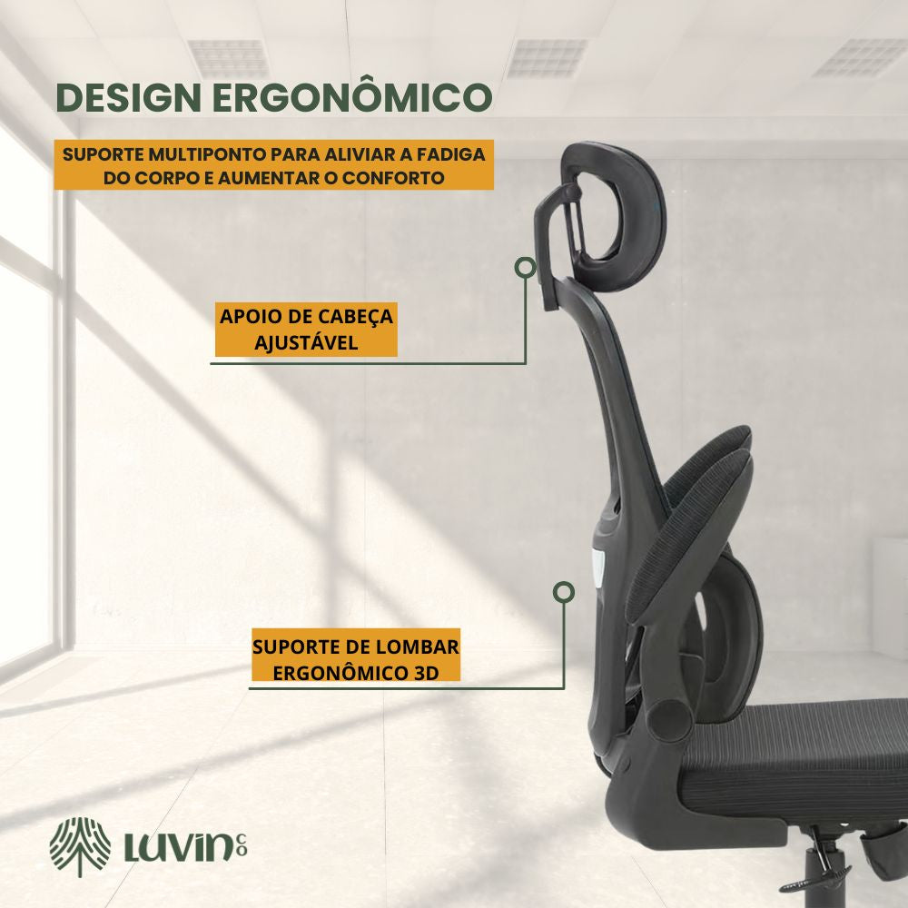 Cadeira Escritório Ergonômica Genebra B500 e G500 Luvinco com Suporte Lombar Estofado Mesh