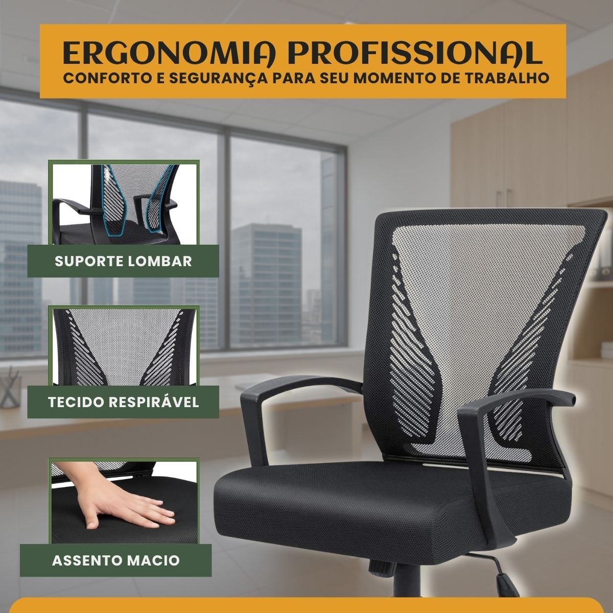 Cadeira Escritório Ergonômica Lyon Presidente Com Apoio De Braço Suporte Lombar Malha Respirável Luvinco Preto