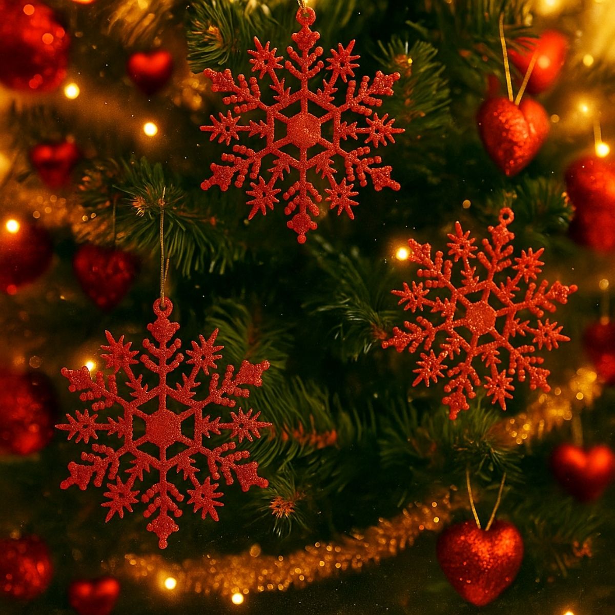Flocos De Neve 10 Pendentes Grande C/ Glitter Decoração Enfeite Árvore Natal Branco/Vermelho/Dourado