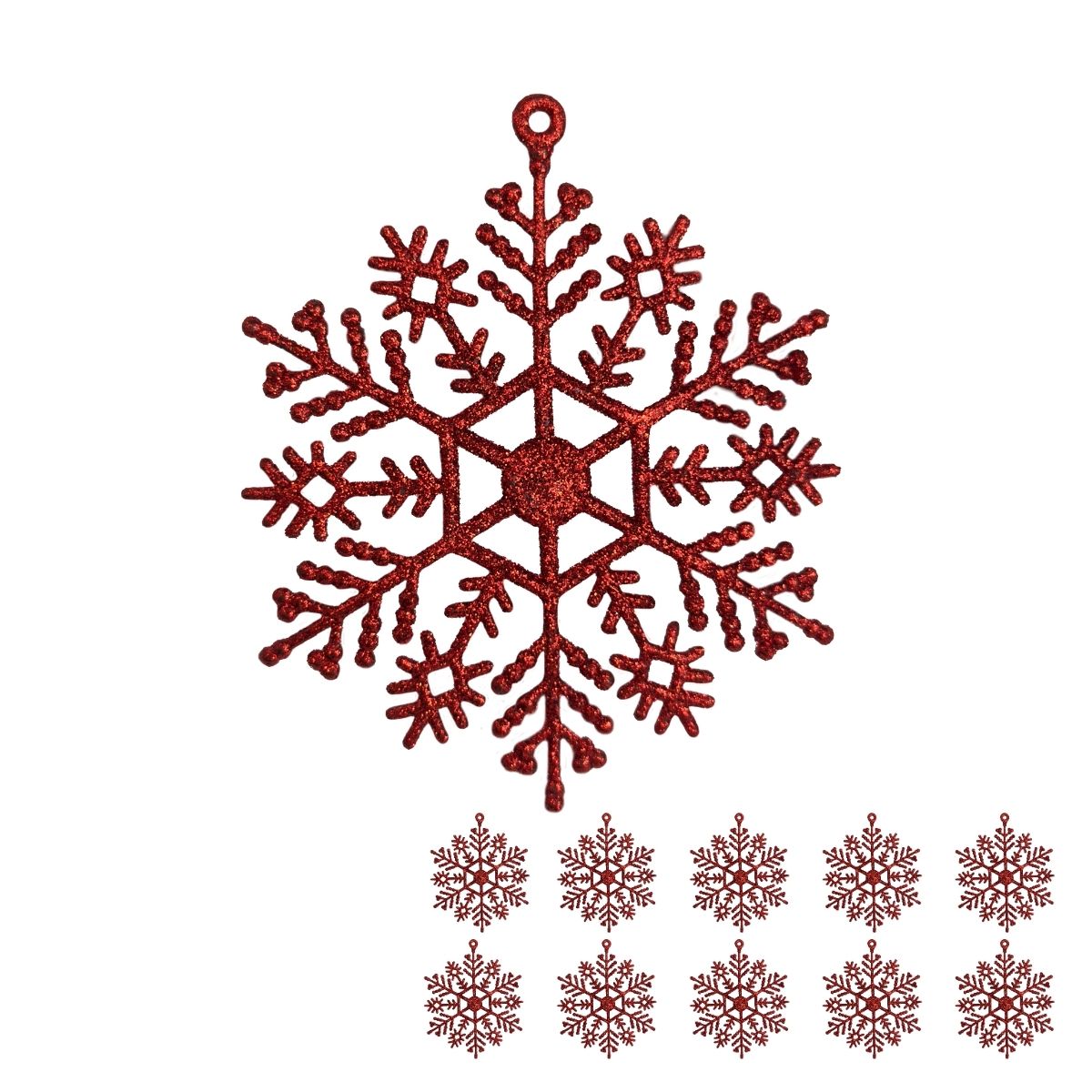 Flocos De Neve 10 Pendentes Grande C/ Glitter Decoração Enfeite Árvore Natal Branco/Vermelho/Dourado