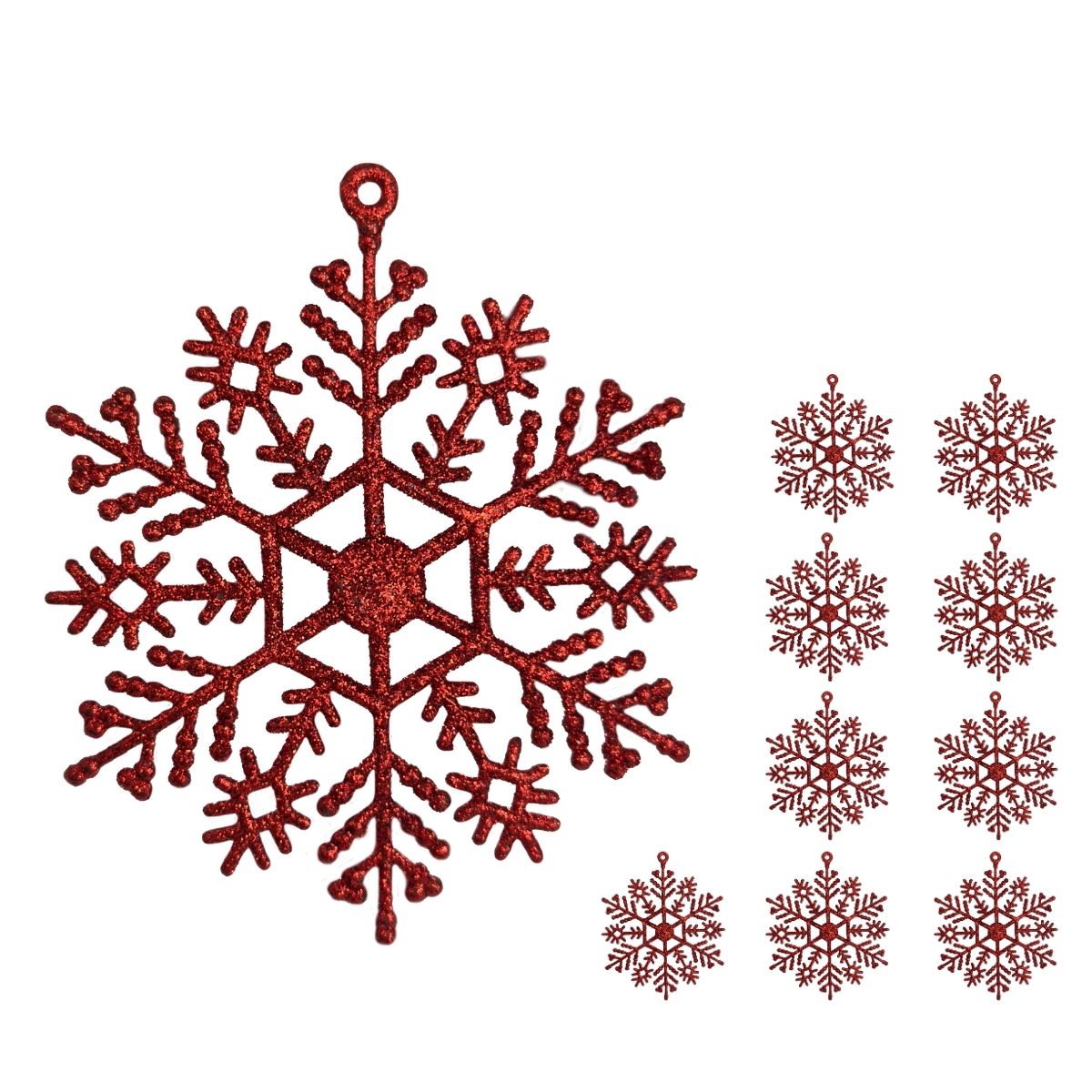Flocos De Neve 10 Pendentes Grande C/ Glitter Decoração Enfeite Árvore Natal Branco/Vermelho/Dourado