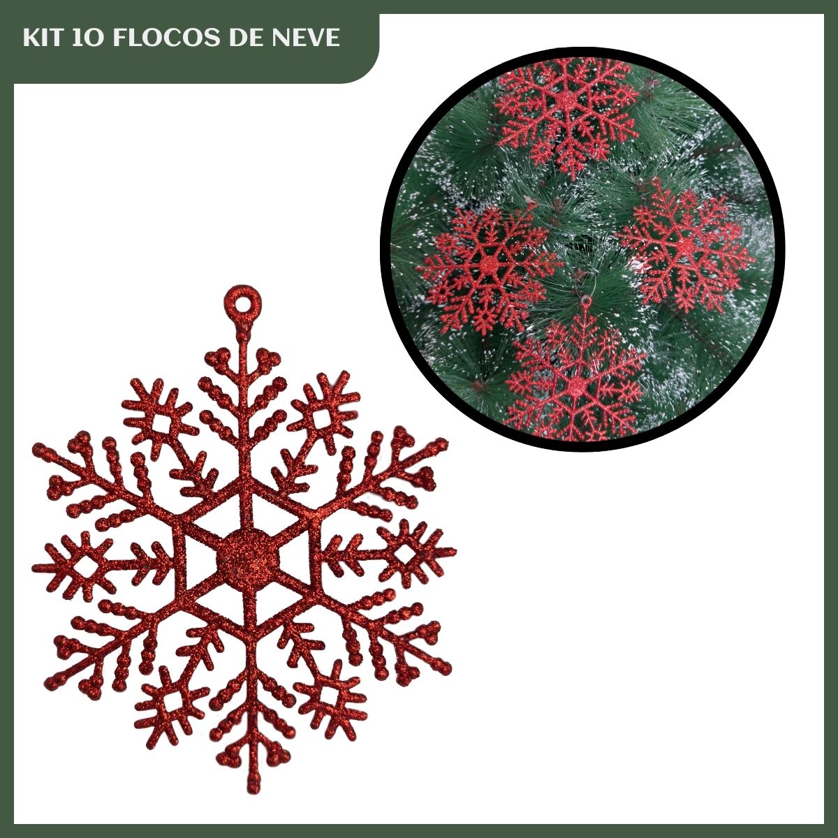 Flocos De Neve 10 Pendentes Grande C/ Glitter Decoração Enfeite Árvore Natal Branco/Vermelho/Dourado
