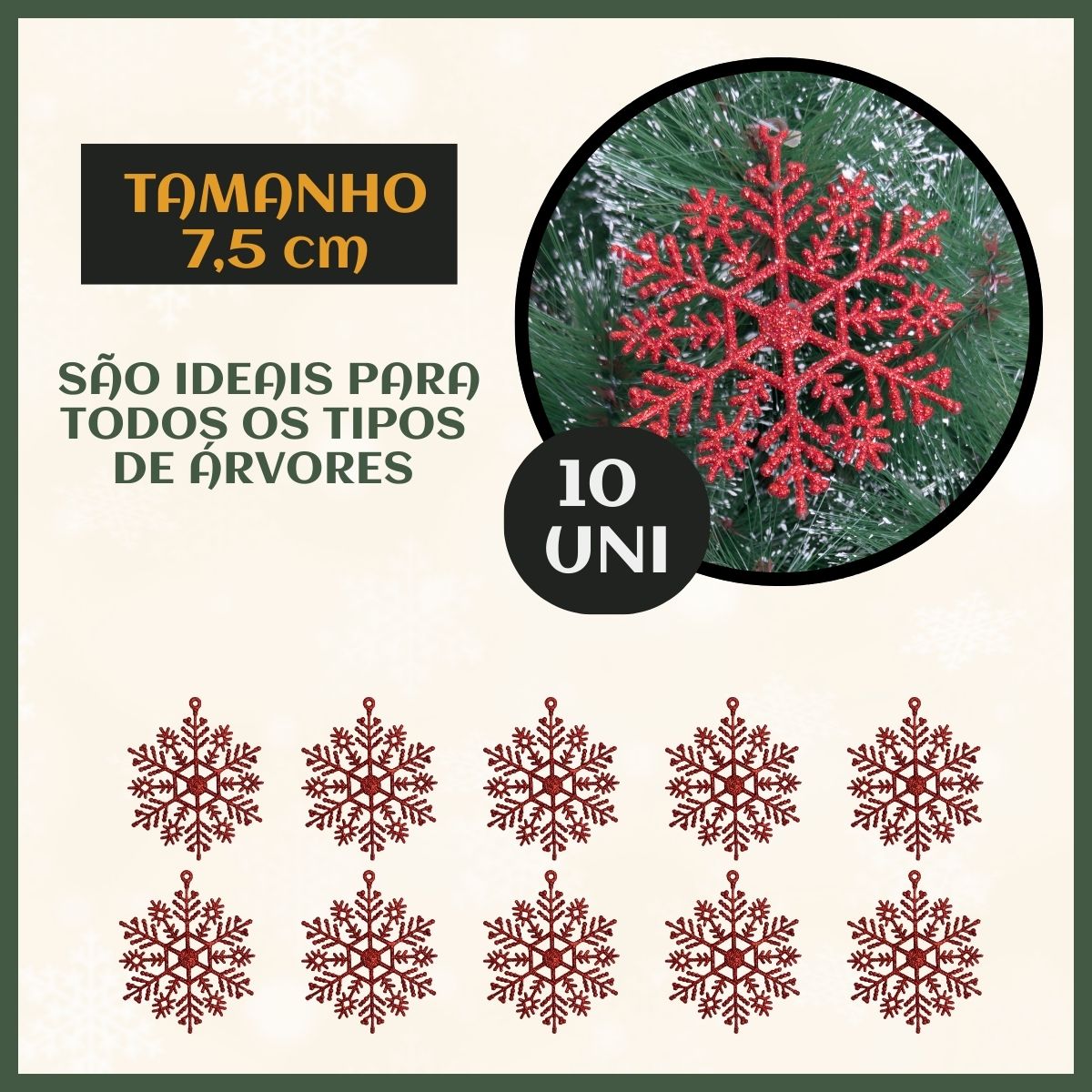 Flocos De Neve 10 Pendentes Grande C/ Glitter Decoração Enfeite Árvore Natal Branco/Vermelho/Dourado