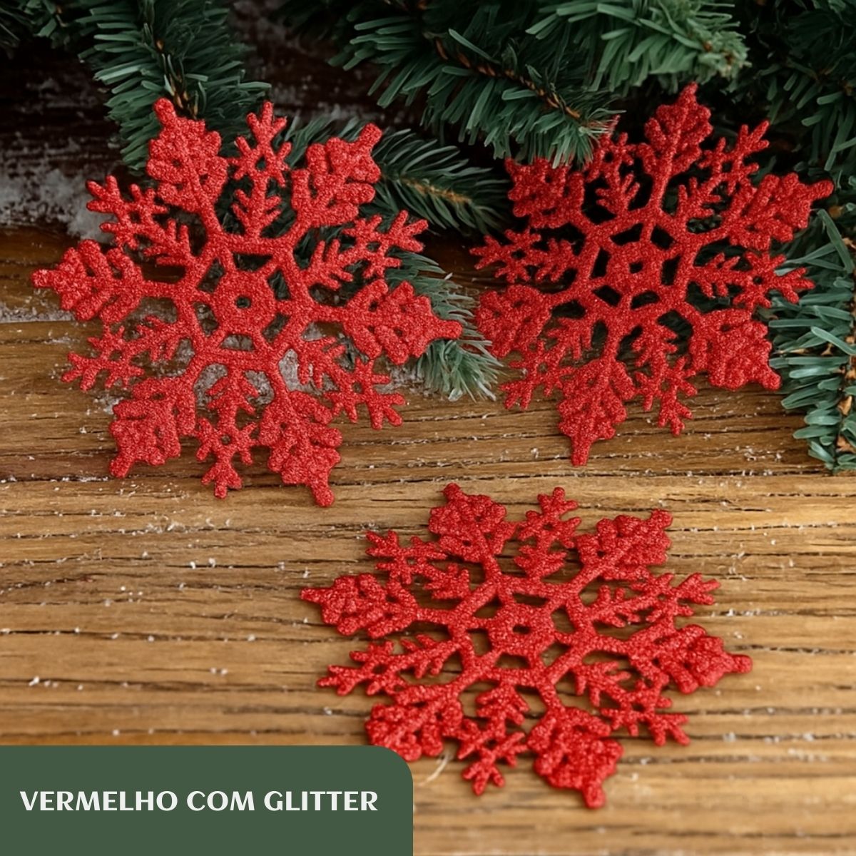 Flocos De Neve 10 Pendentes Grande C/ Glitter Decoração Enfeite Árvore Natal Branco/Vermelho/Dourado