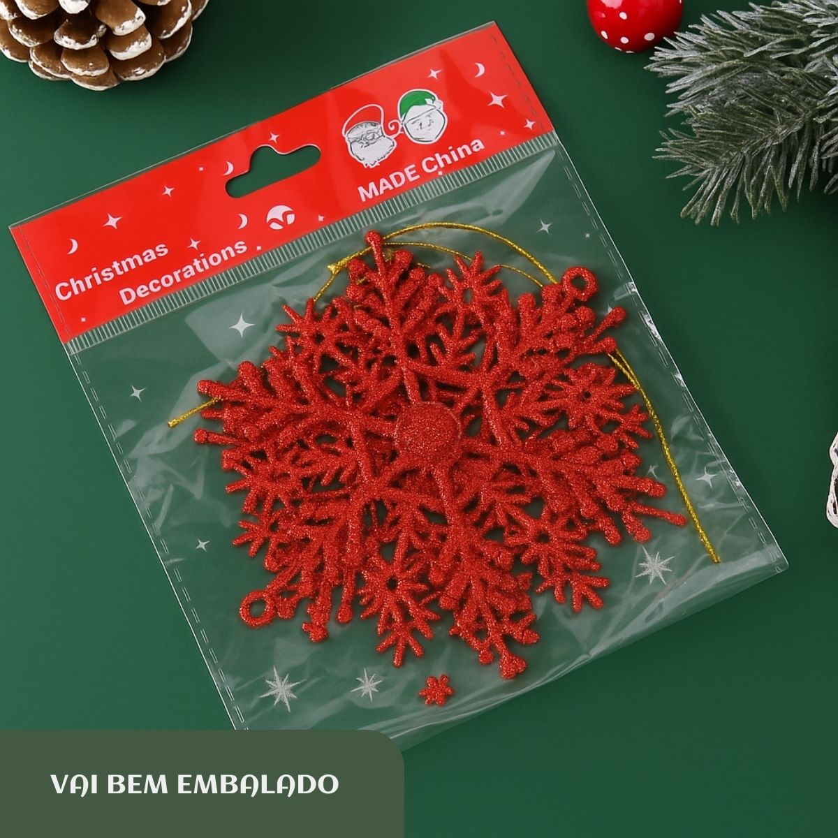 Flocos De Neve 10 Pendentes Grande C/ Glitter Decoração Enfeite Árvore Natal Branco/Vermelho/Dourado