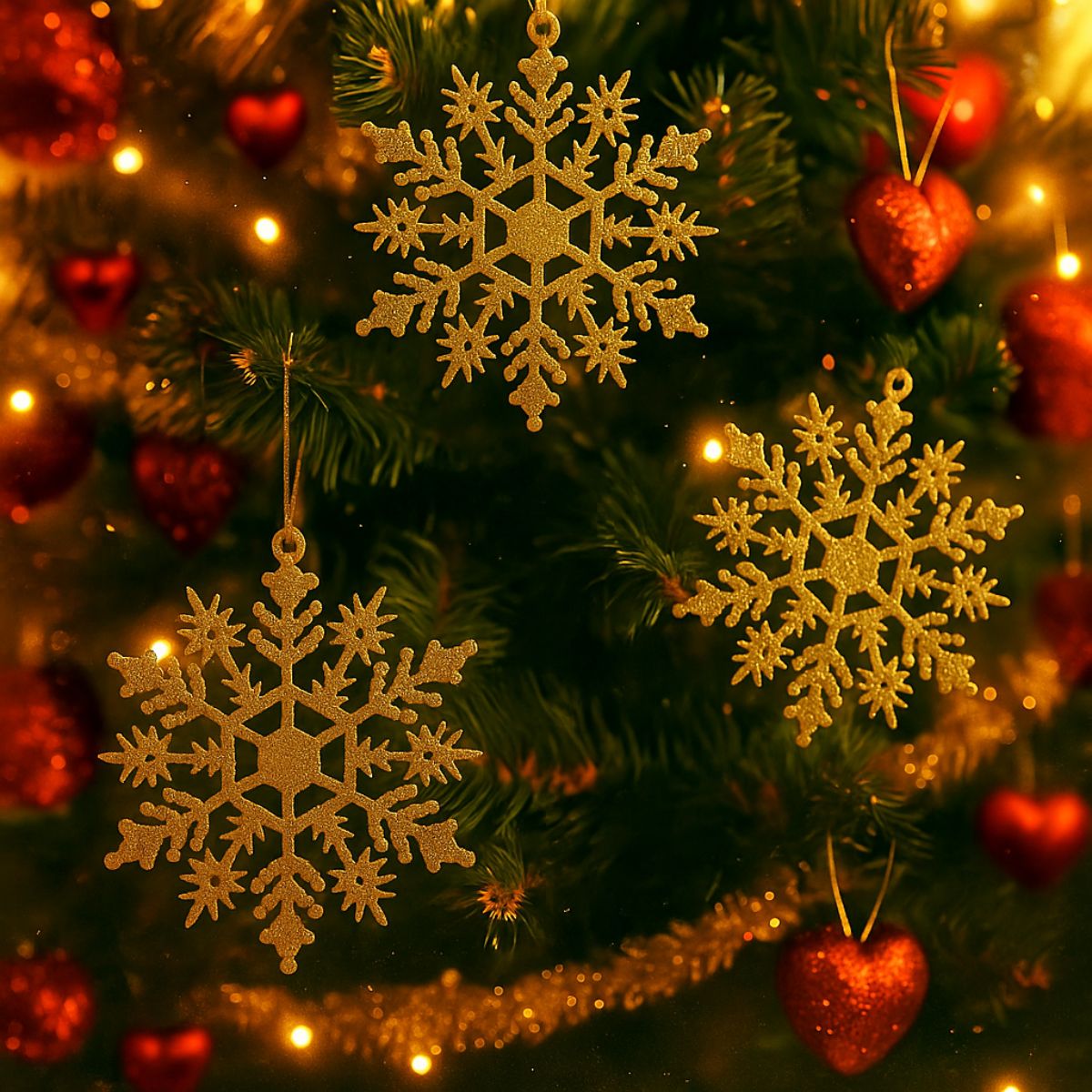 Flocos De Neve 10 Pendentes Grande C/ Glitter Decoração Enfeite Árvore Natal Branco/Vermelho/Dourado