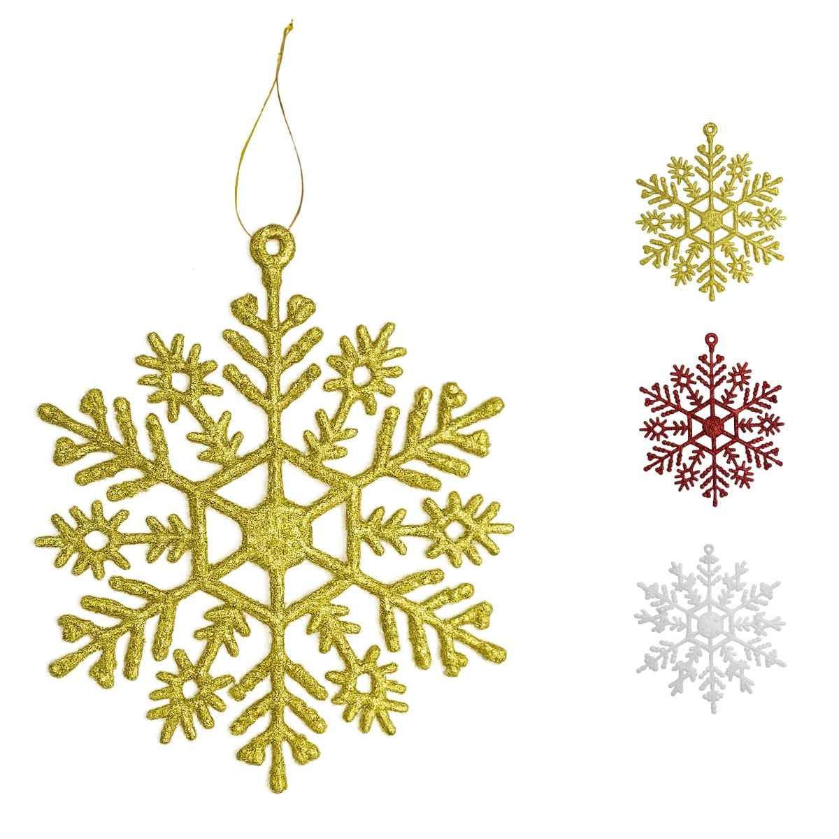 Flocos De Neve 10 Pendentes Grande C/ Glitter Decoração Enfeite Árvore Natal Branco/Vermelho/Dourado