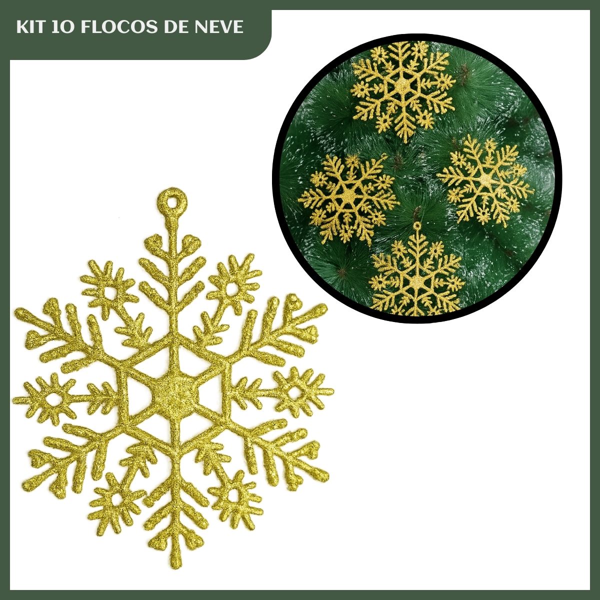 Flocos De Neve 10 Pendentes Grande C/ Glitter Decoração Enfeite Árvore Natal Branco/Vermelho/Dourado