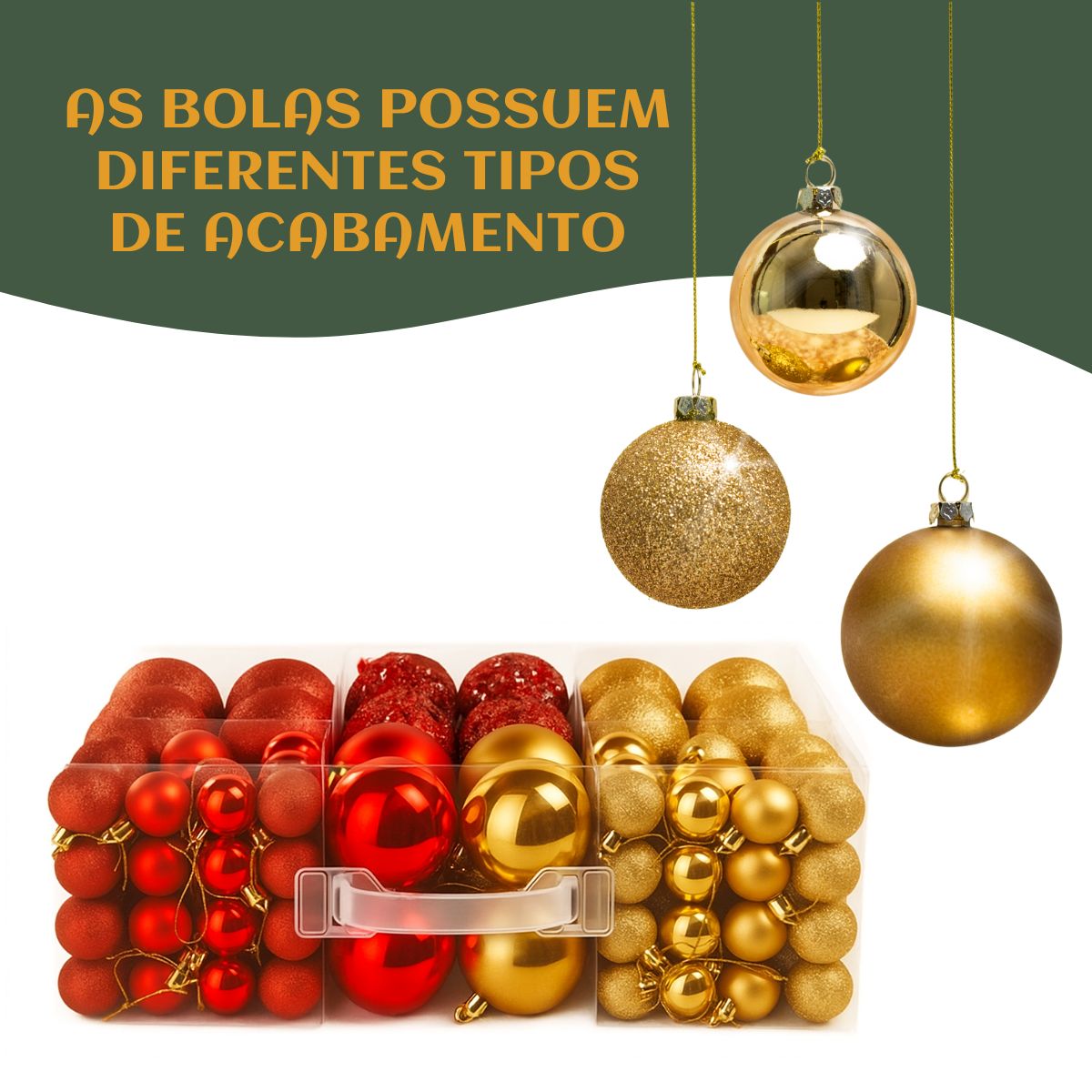 Kit 100 Bolas de Natal Mista Lisas Glitter Decoração Enfeite Árvore de Natal com Ponteira LuvinCo