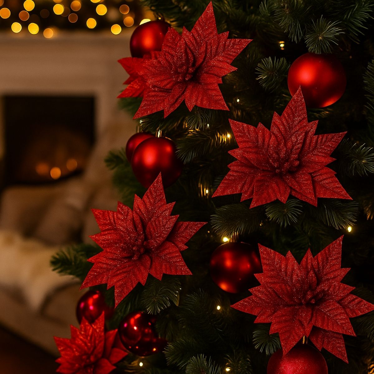 Kit 12 Flores Artificial Decoração Enfeite Árvore Natal Luxo LuvinCo