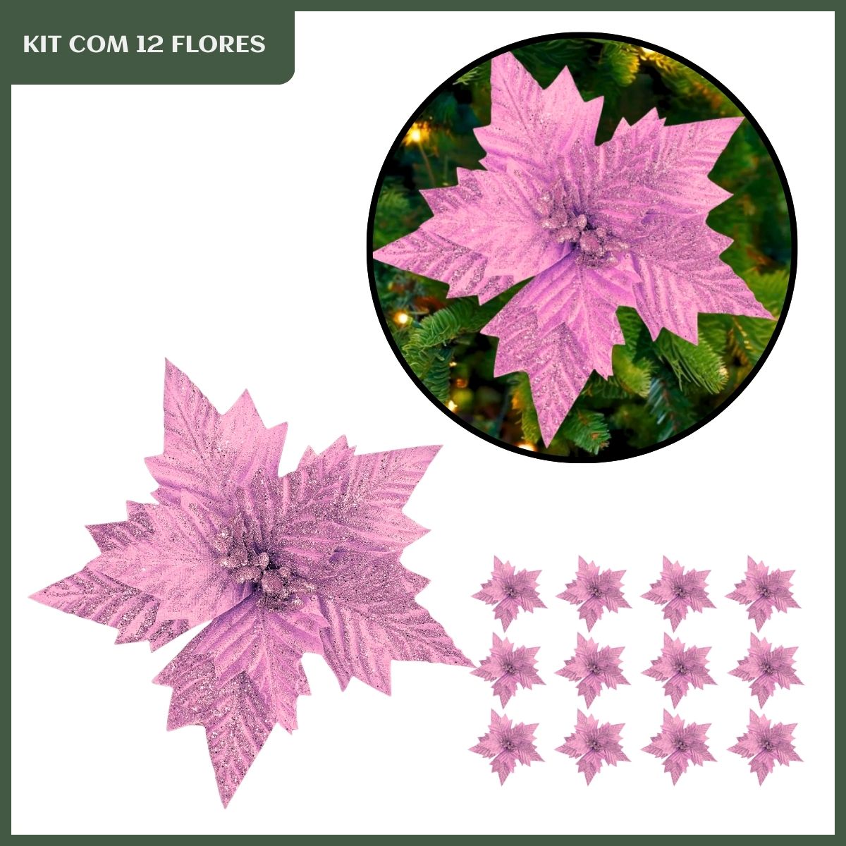 Kit 12 Flores Artificial Decoração Enfeite Árvore Natal Luxo LuvinCo