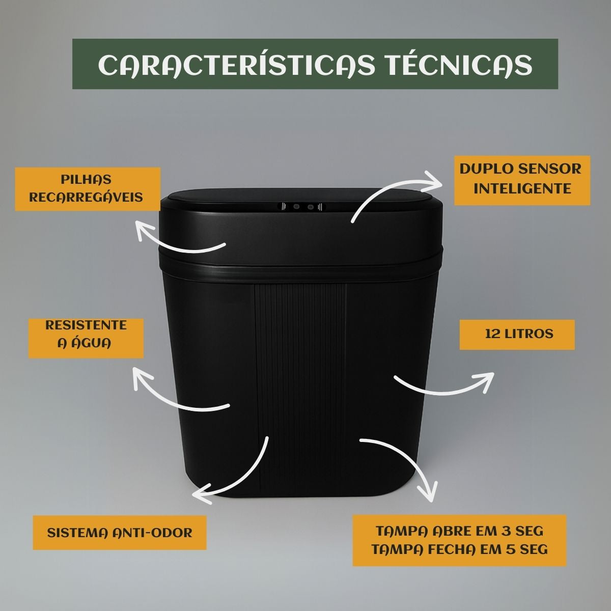 Lixeira Inteligente 12 Litros Grande Automática Sensor Inteligente Aproximação Anti-odor Abrir e Fechar Com Pilhas Recarregáveis E Carregador Luvinco