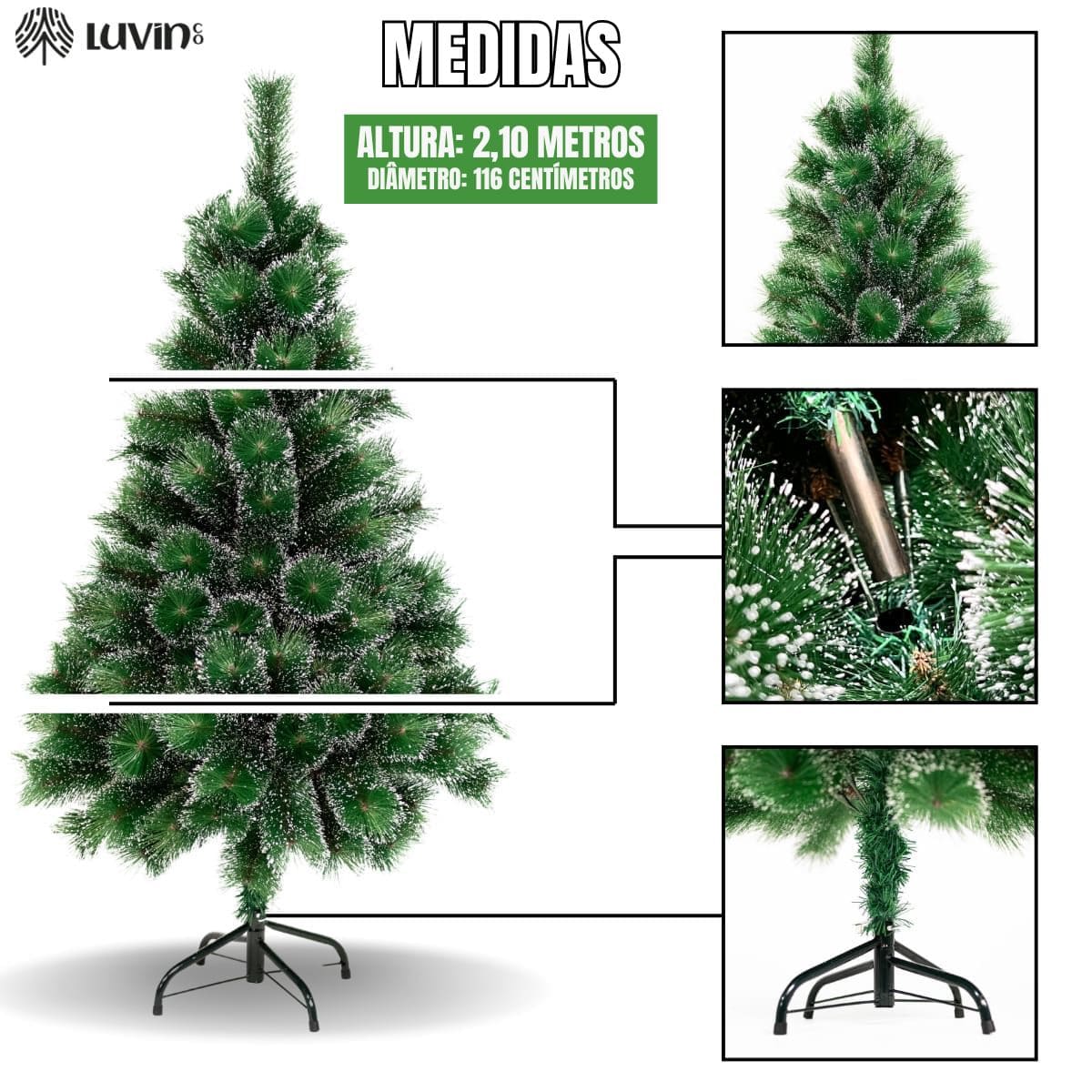 Árvore De Natal Pom Pom Verde Com Pontas Nevada 2,10m 500 Galhos Grande Pinheiro Toque De Neve Cheia Luxo