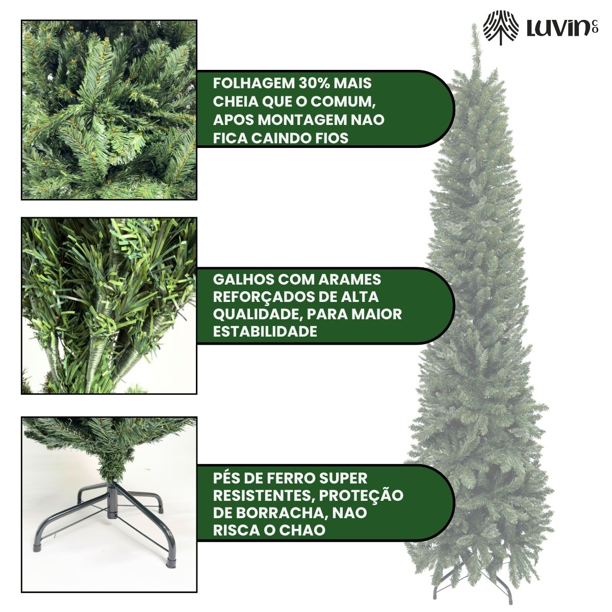 Árvore Natal Slim 2,10m 800 Galhos Pinheiro Tradicional Fina Luxo Cheia Luvinco