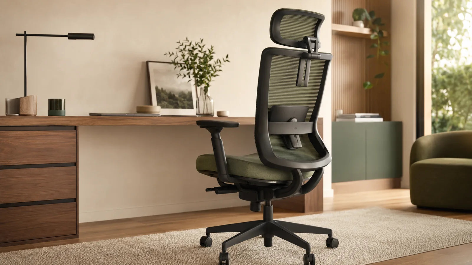 Cadeira ergonômica em um home office contemporâneo com mesa de madeira