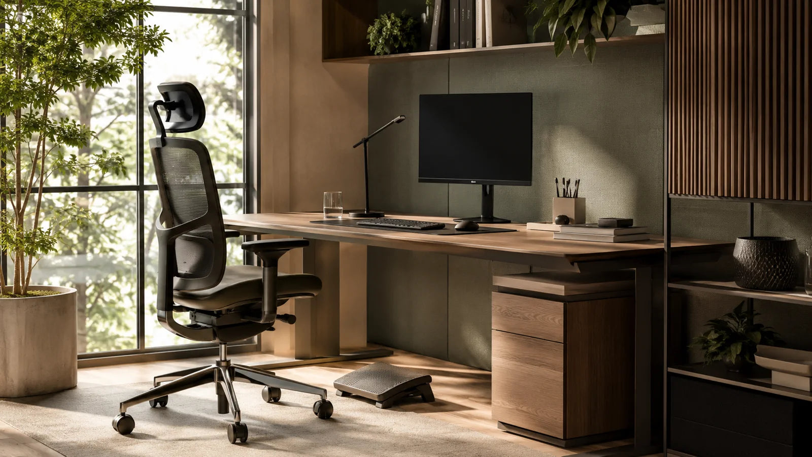 Estação de trabalho ergonômica com cadeira ajustável, monitor e apoio para os pés