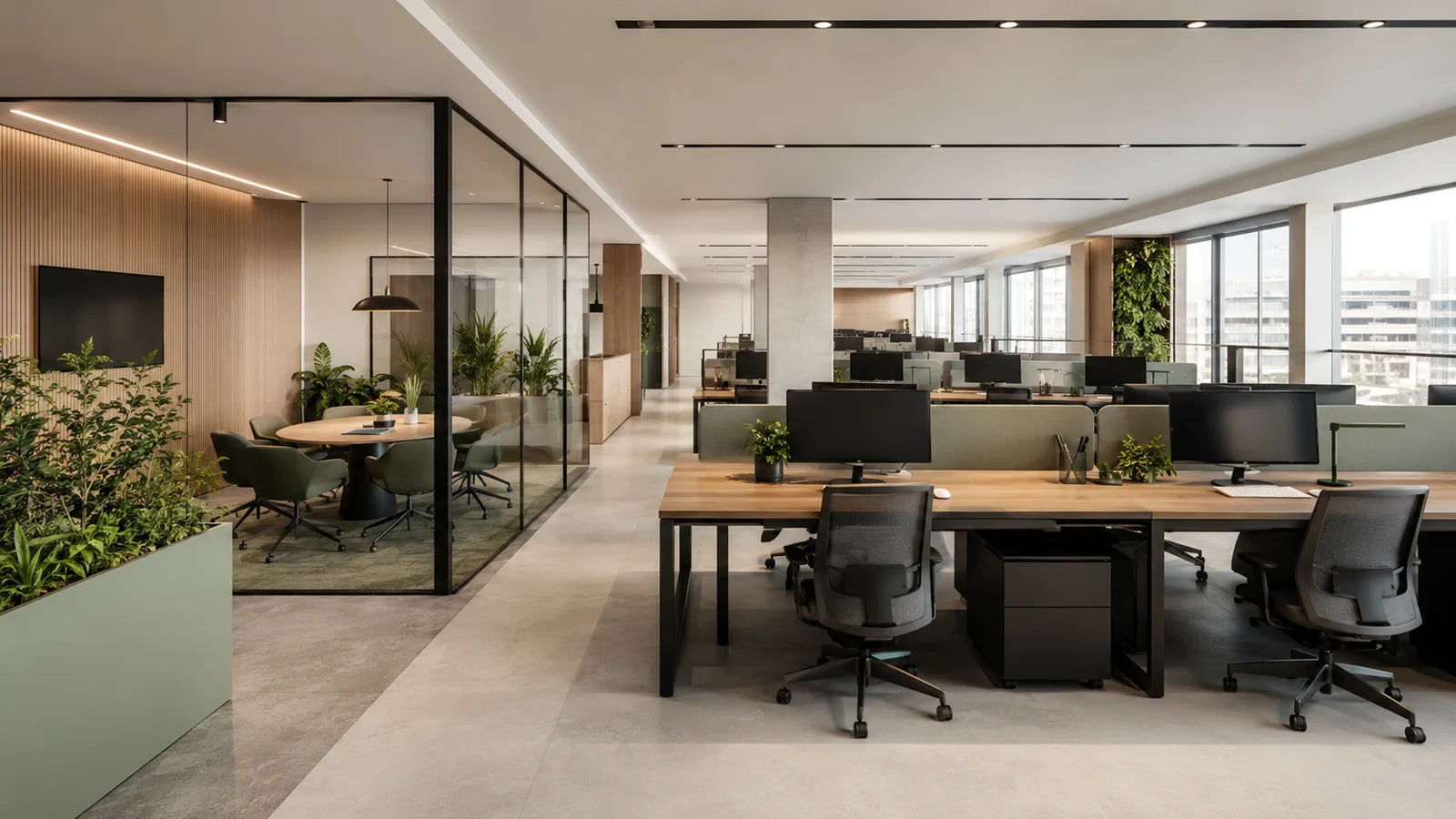 Escritório corporativo moderno com estações modulares para uma equipe em crescimento