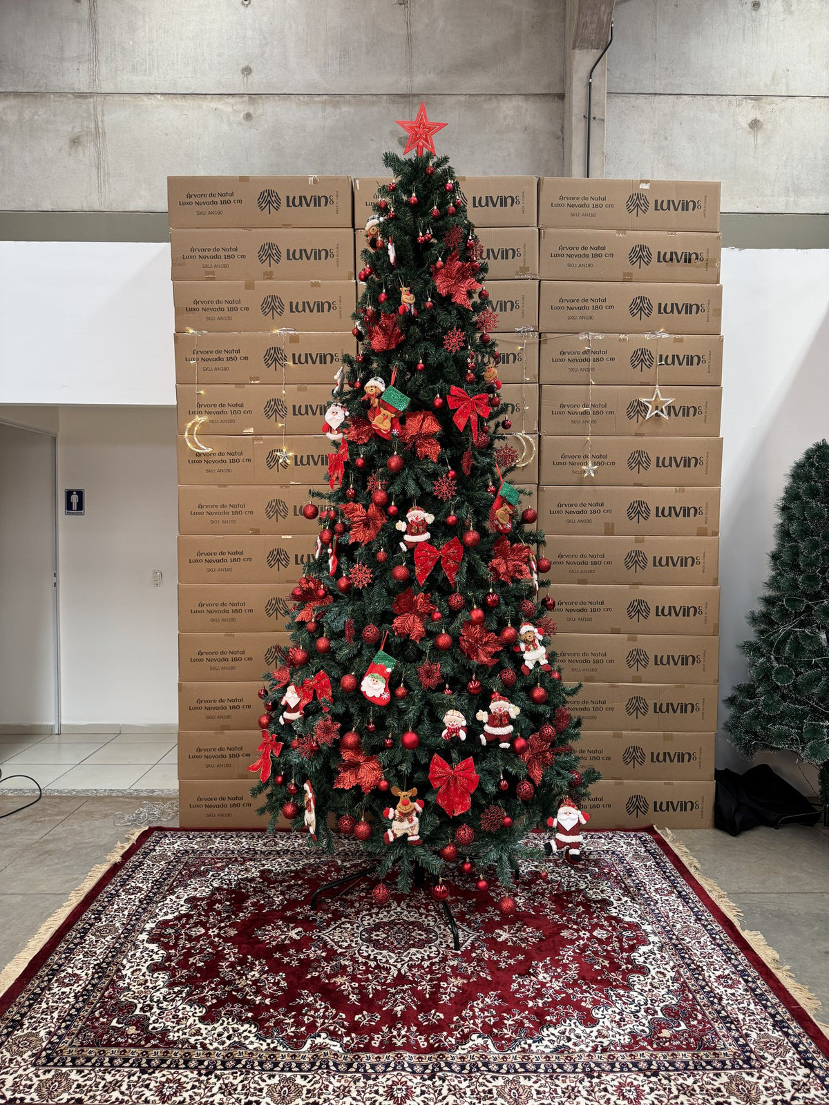 Pinheiro canadense tradicional de 3,00 m decorada com laços, bolas e Papais Noéis vermelhos e luzes, sobre tapete persa em frente a caixas empilhadas