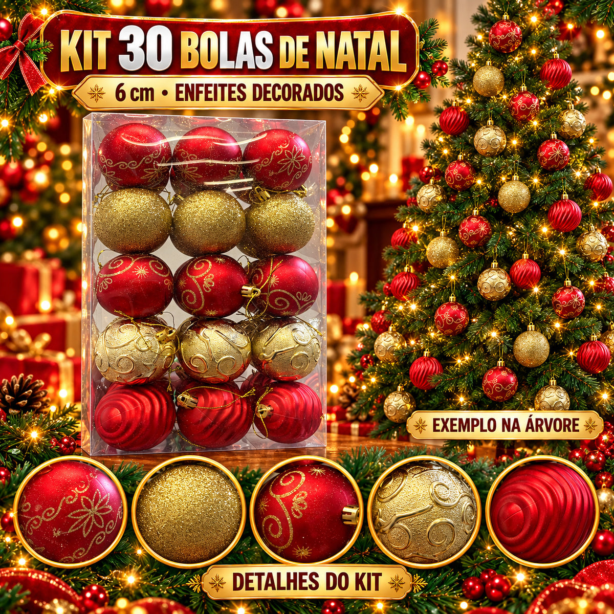 Kit 30 Bolas De Natal 6cm Luxo Decorada Enfeite Decoração Árvore Natal Várias Cores 8 Modelo LuvinCo