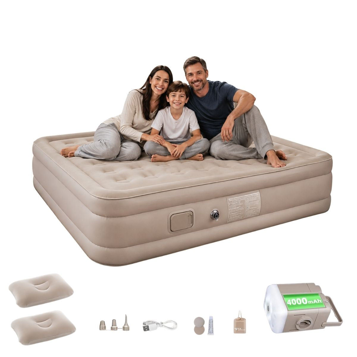 Colchão Inflável Queen Bateria Lítio Integrada 203x154x44cm Elétrico Prova D'água Acampamento Família Viagens Resistente E Confortável Luvinco Creme