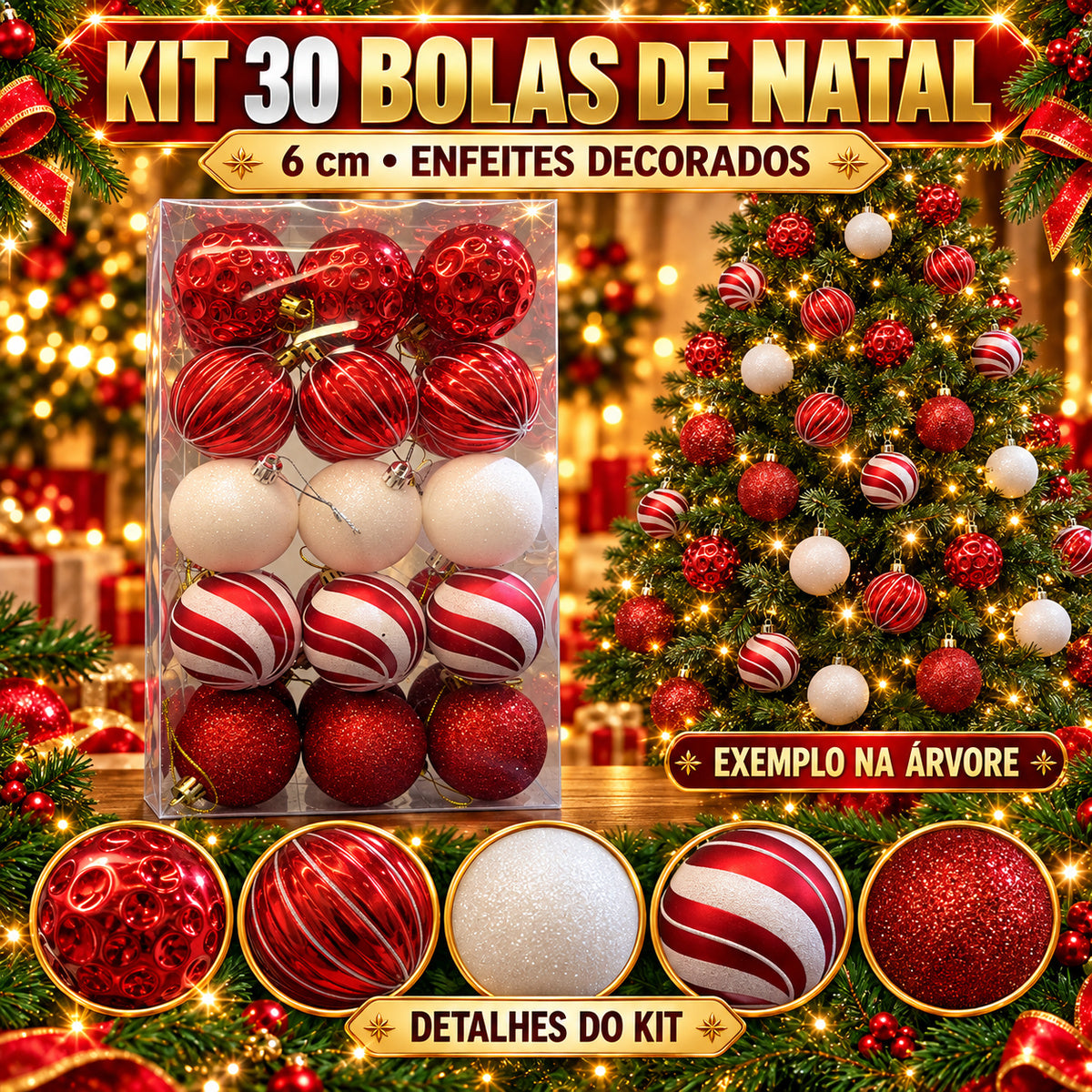 Kit 30 Bolas De Natal 6cm Luxo Decorada Enfeite Decoração Árvore Natal Várias Cores 8 Modelo LuvinCo