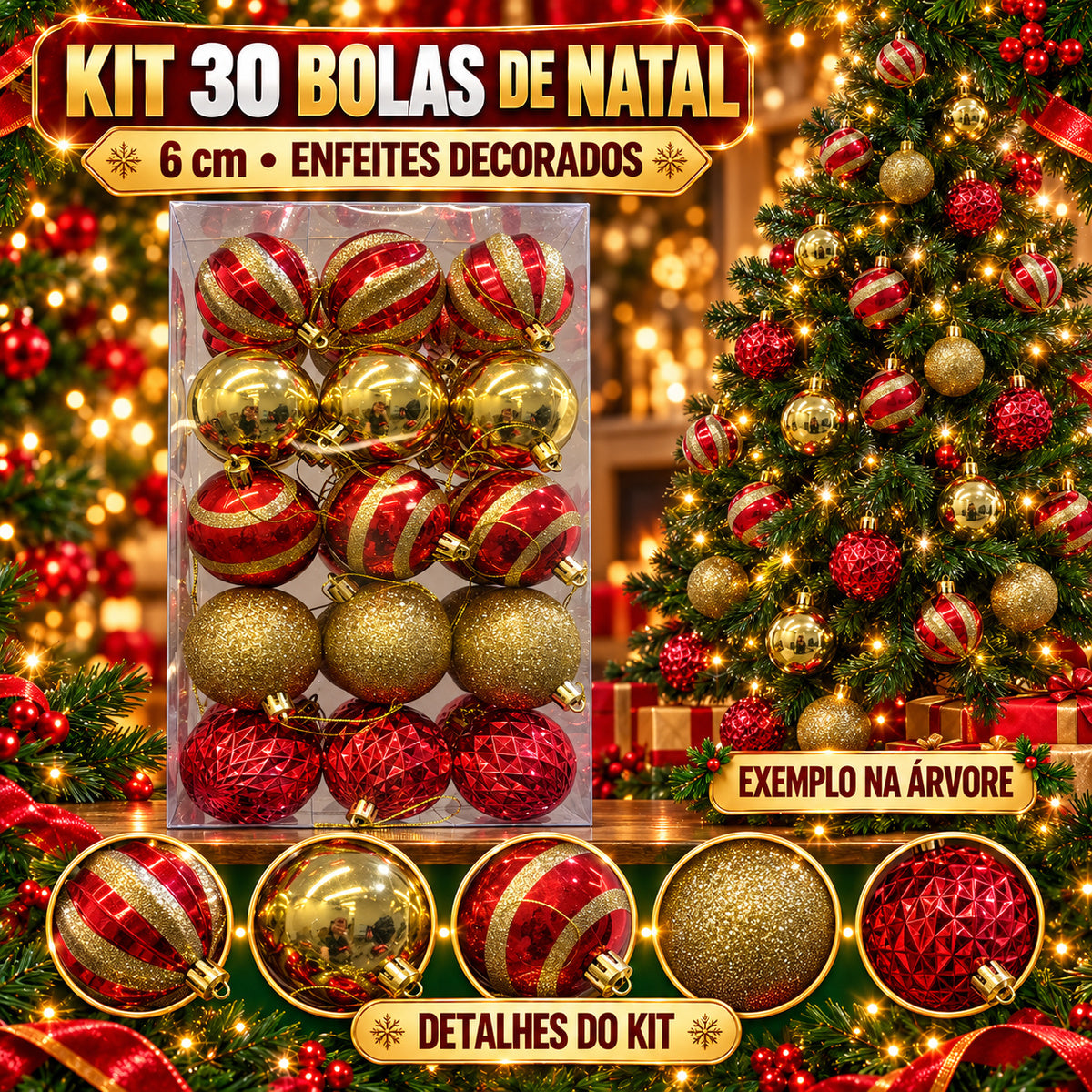 Kit 30 Bolas De Natal 6cm Luxo Decorada Enfeite Decoração Árvore Natal Várias Cores 8 Modelo LuvinCo