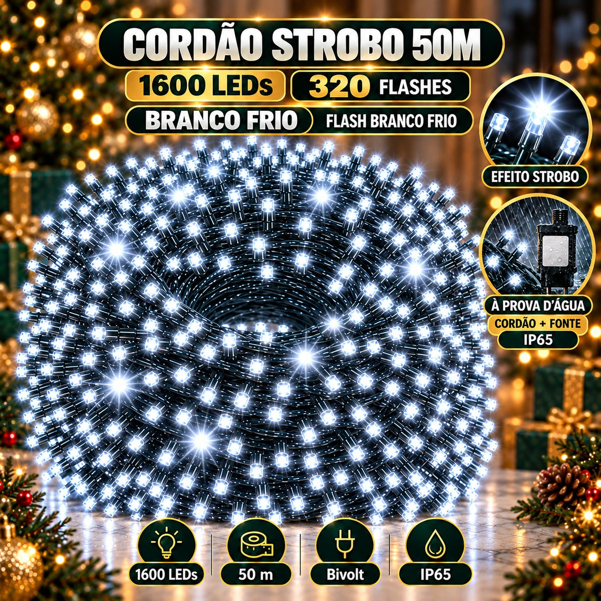 Strobo Pisca Pisca Cordão Natal 1600 Leds 50m Prova D'Água Bivolt 320 Flash Decoração Enfeite Natal LuvinCo