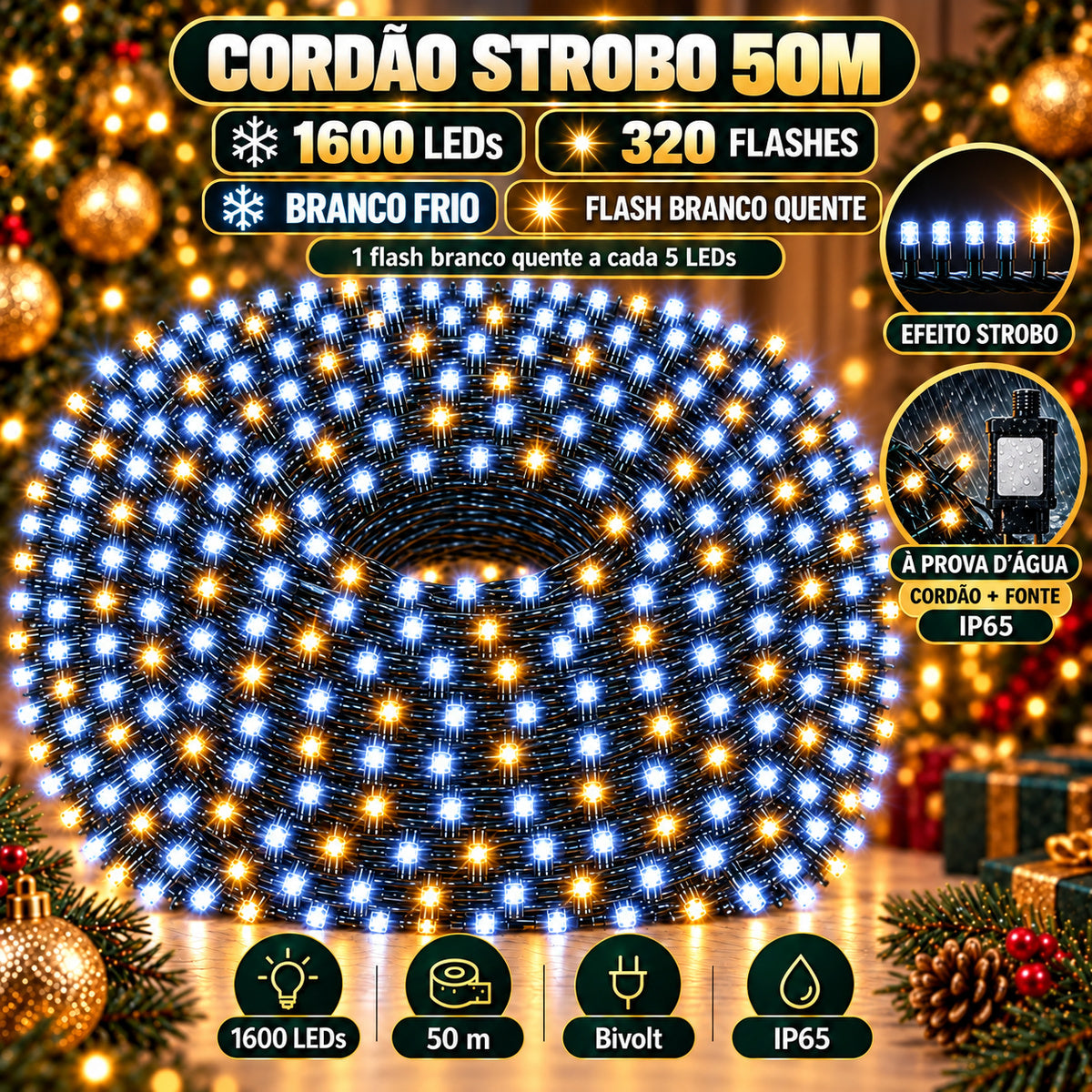 Strobo Pisca Pisca Cordão Natal 1600 Leds 50m Prova D'Água Bivolt 320 Flash Decoração Enfeite Natal LuvinCo