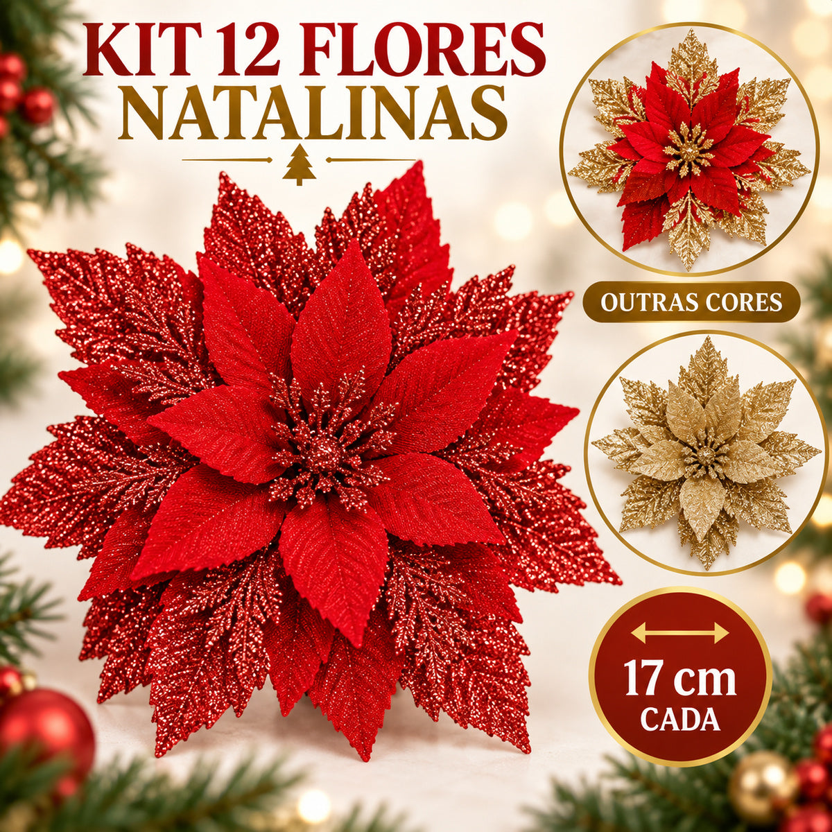 Kit 12 Flores Enfeite Artificial Glitter 17cm Decoração Árvore De Natal Dourado-Vermelho-Vermelho e Dourado Luvinco