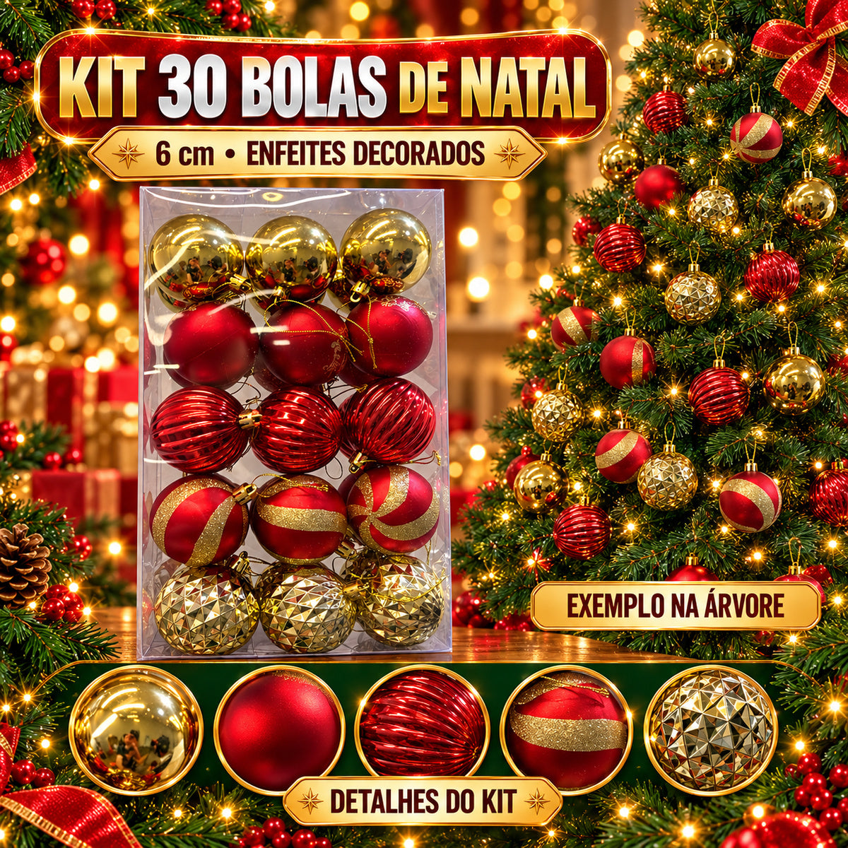 Kit 30 Bolas De Natal 6cm Luxo Decorada Enfeite Decoração Árvore Natal Várias Cores 8 Modelo LuvinCo