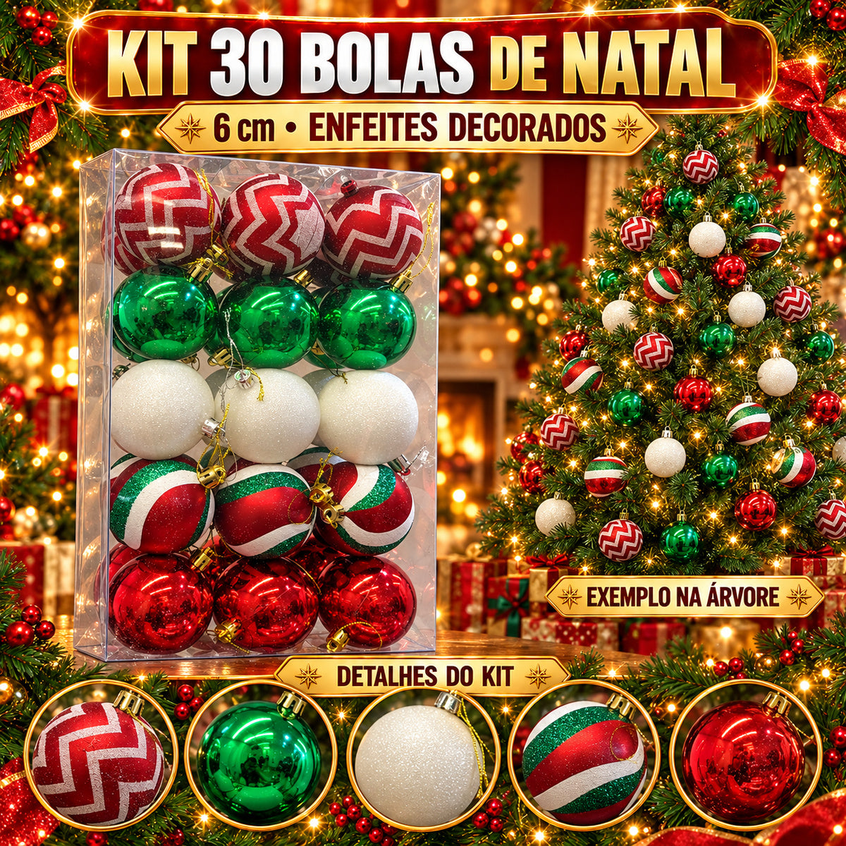 Kit 30 Bolas De Natal 6cm Luxo Decorada Enfeite Decoração Árvore Natal Várias Cores 8 Modelo LuvinCo