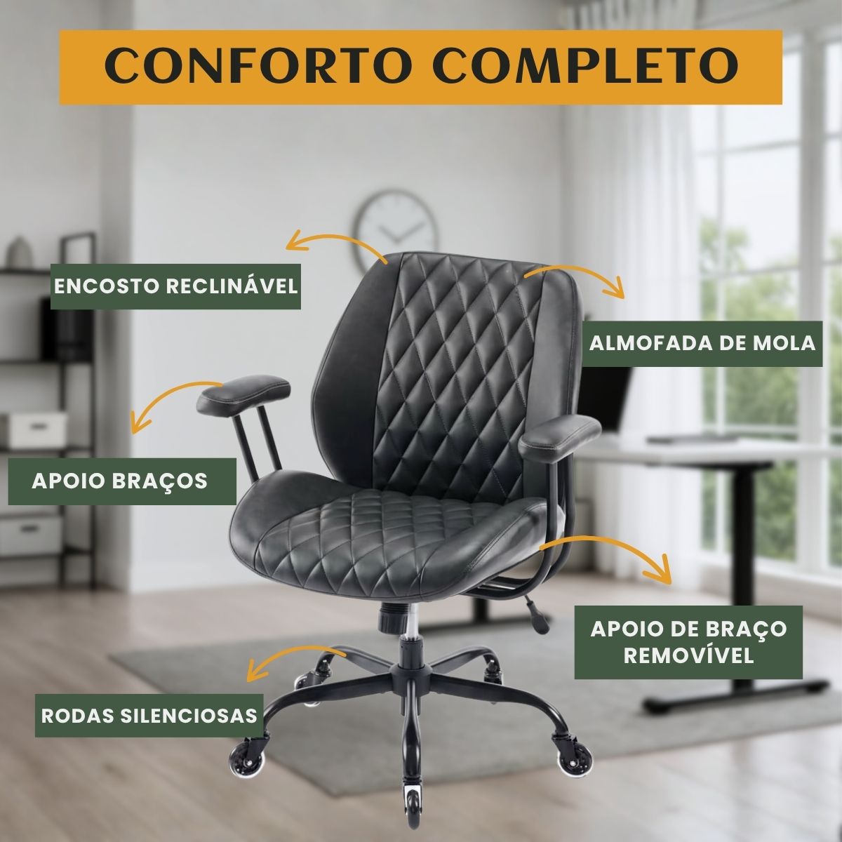 Cadeira De Escritório Ergonômica Milano Luvinco Executiva Couro Apoio de Braços Apoio Lombar Altura Ajustável Rodízio Borracha Anti Risco&nbsp;