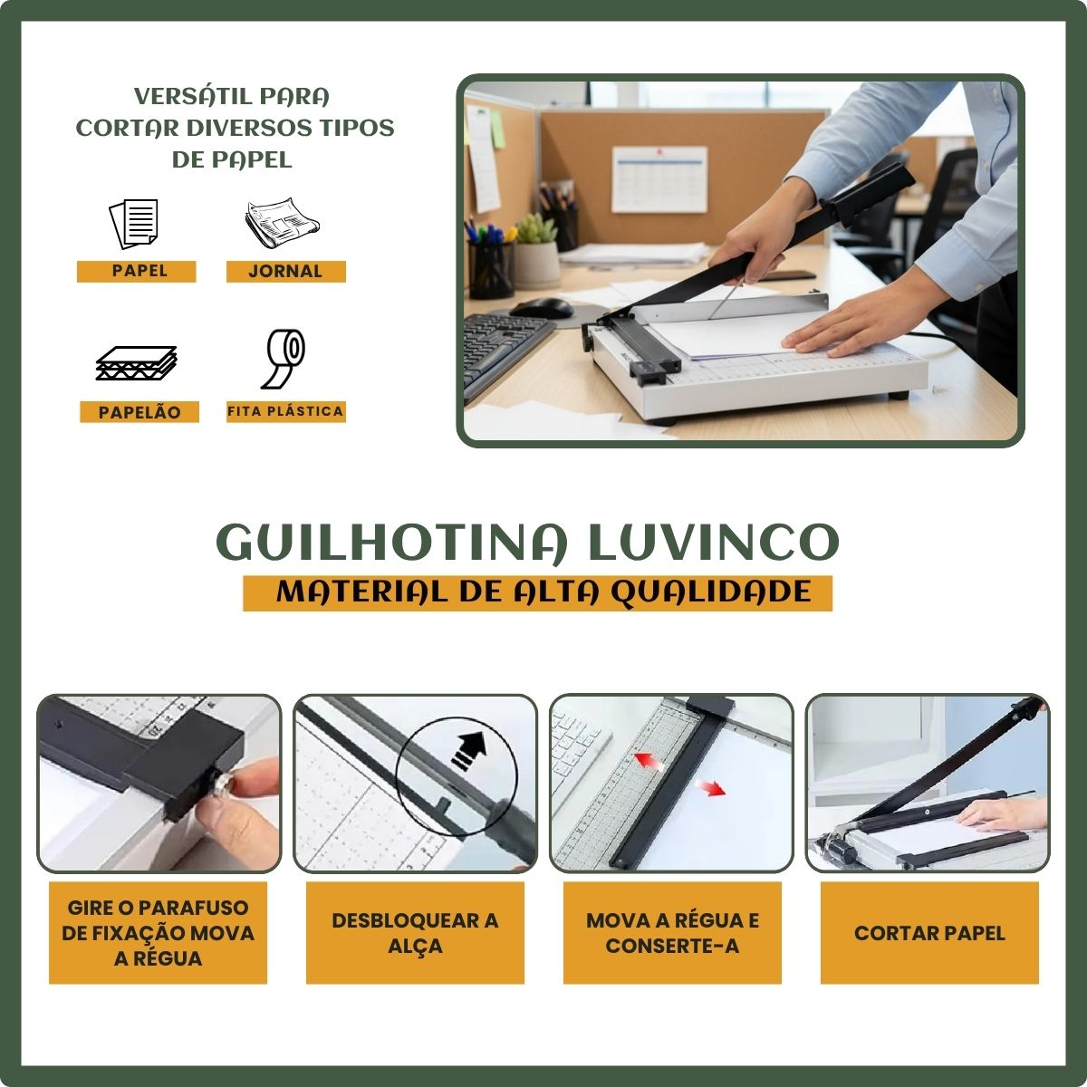Guilhotina Papel A4 30cm 12 Folhas Com Trava Corte A5, B5, B6 E B7 Estrutura Firme Durável Corte Reto Luvinco