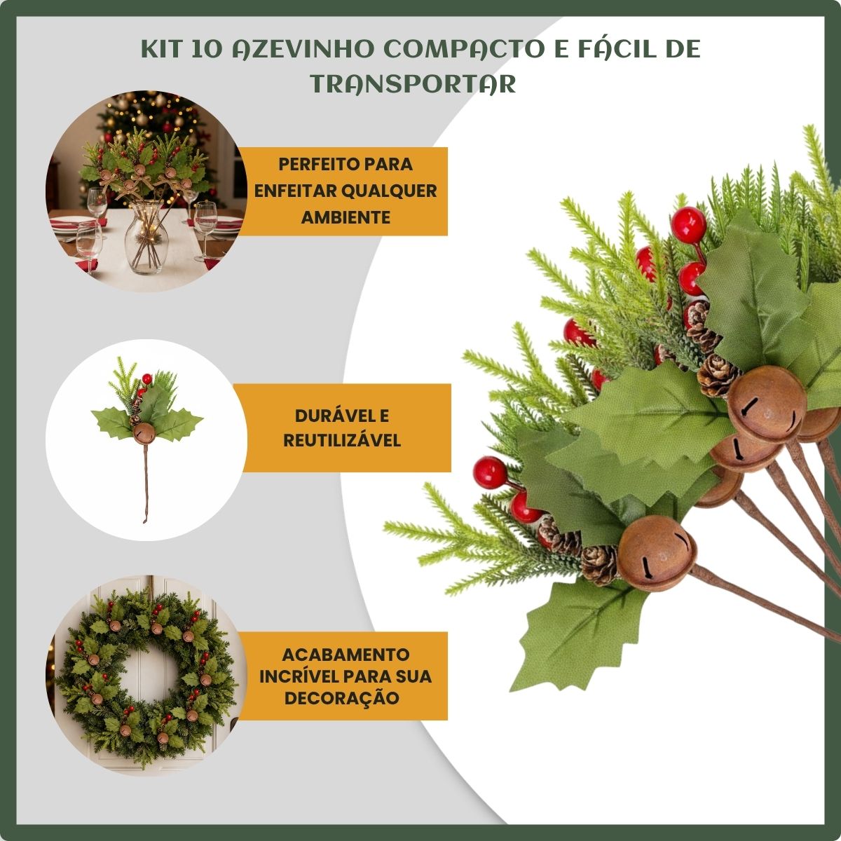 Kit Com 6 Azevinhos Galhos Decorados Natal LuvinCo