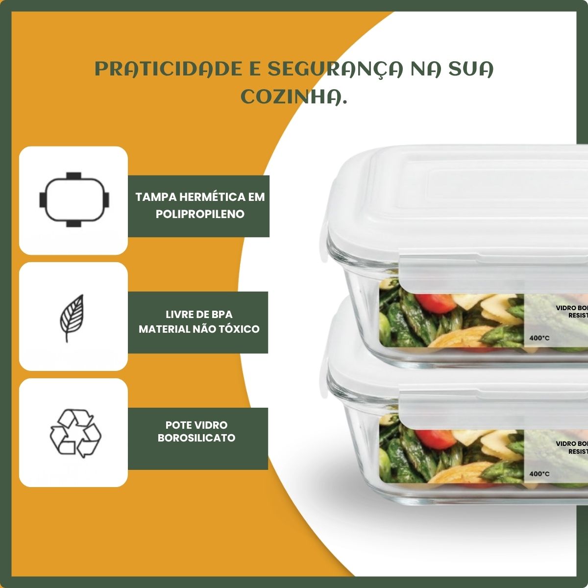 Kit 10 Potes Herméticos Vidro 370 ou 640ml Mantimentos  Forno Micro-ondas Airfryer Cozinha com 4 Travas Super Vedação LuvinCo