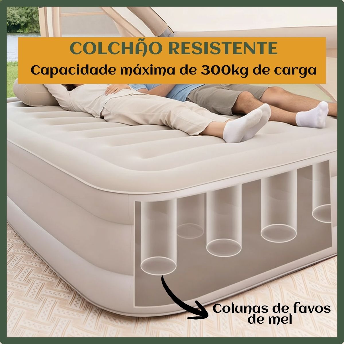 Colchão Inflável Queen Bateria Lítio Integrada 203x154x44cm Elétrico Prova D'água Acampamento Família Viagens Resistente E Confortável Luvinco Creme