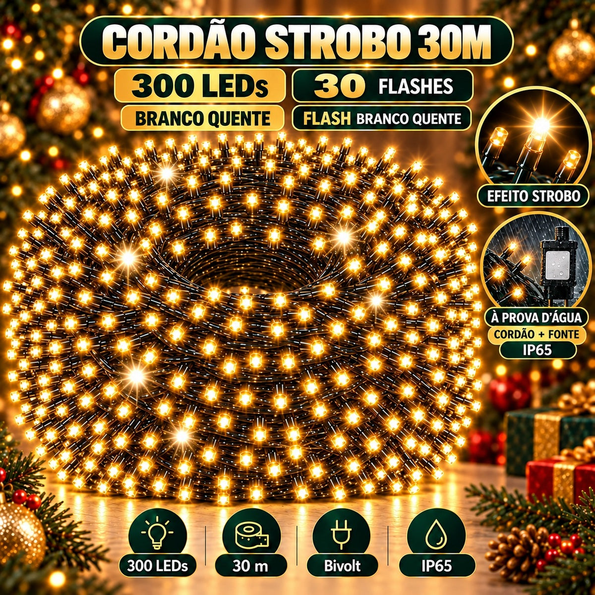 Strobo Pisca Pisca Cordão Natal 300 Leds 30m Prova D'Água Bivolt 30 Flash Decoração Enfeite Natal LuvinCo