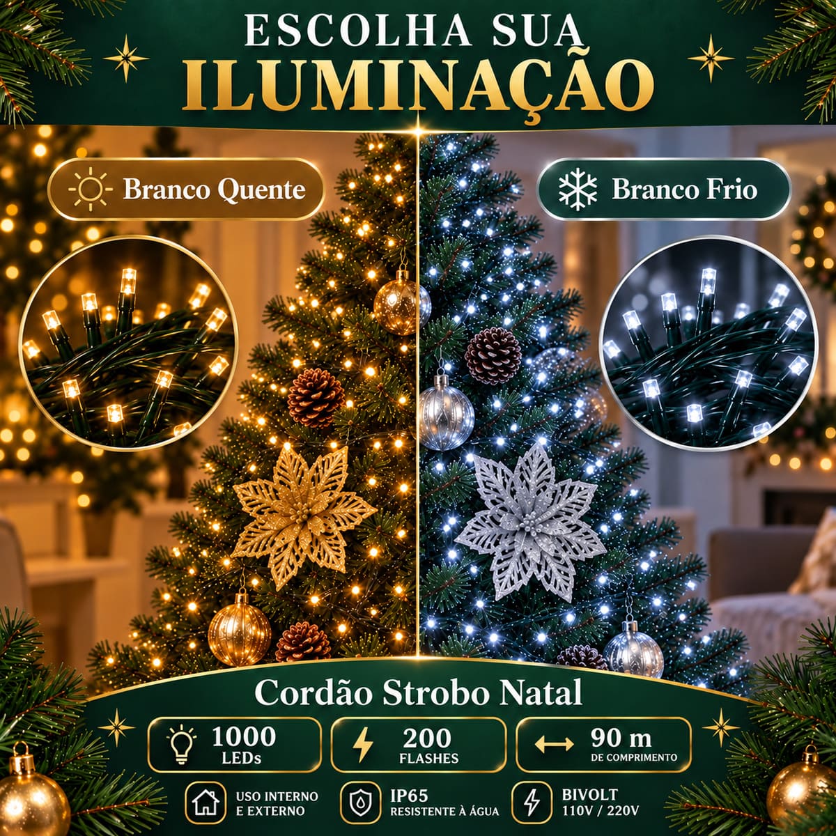 Strobo Pisca Pisca Cordão Natal 1000 Leds 90m Prova D'Água Bivolt 200 Flash  Decoração Enfeite Natal LuvinCo