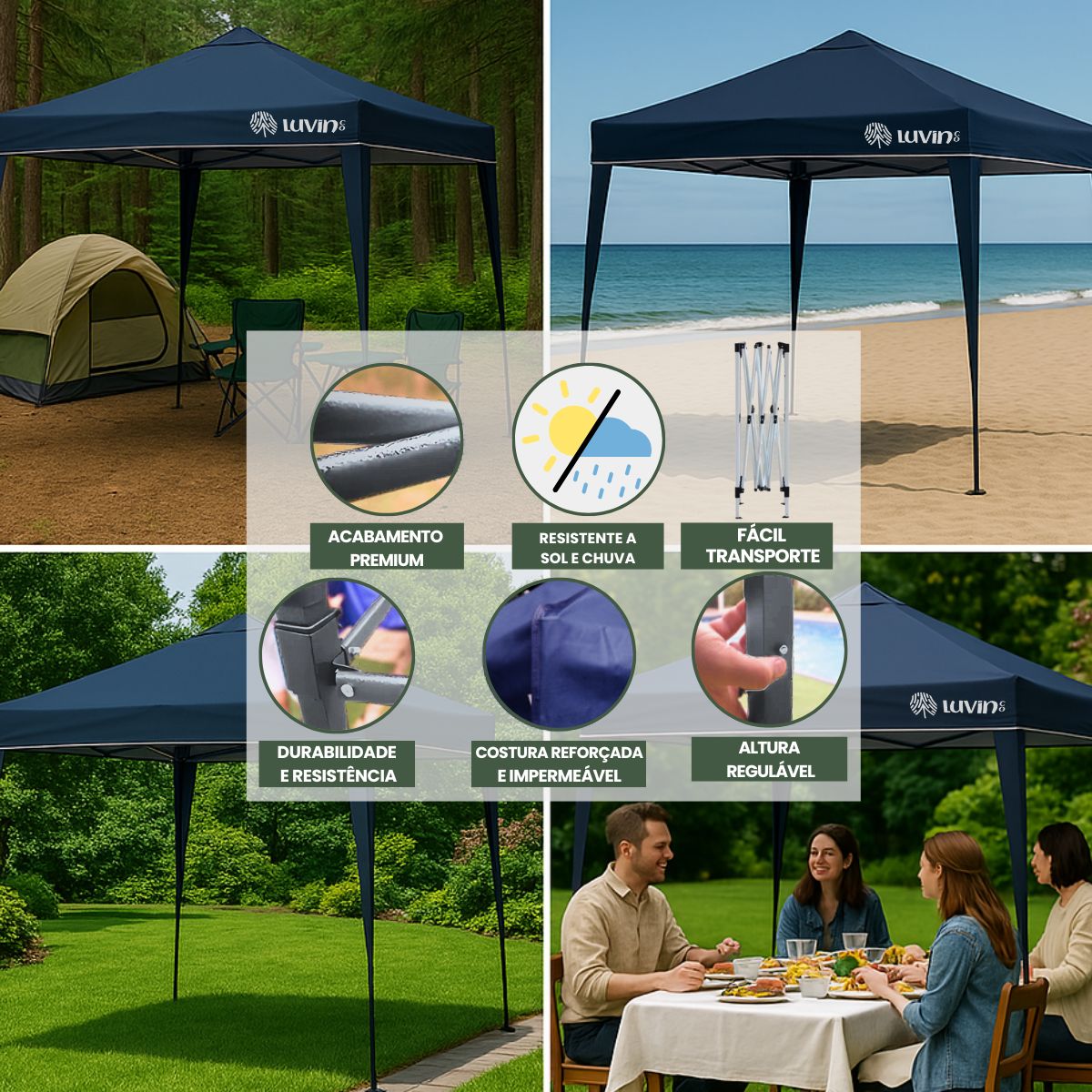 Gazebo Tenda Sanfonada Articulada Luvinco 3x3m Azul Impermeável Resistente Proteção Ar Livre Camping