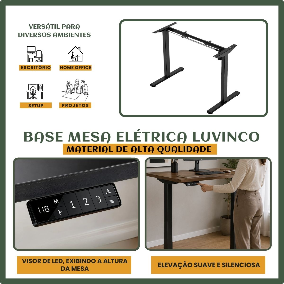 Estrutura De Mesa Elétrica Ergonômica Ajustável C/ Regulagem Altura Estável Escritório Cor Preta ou Branca LuvinCo