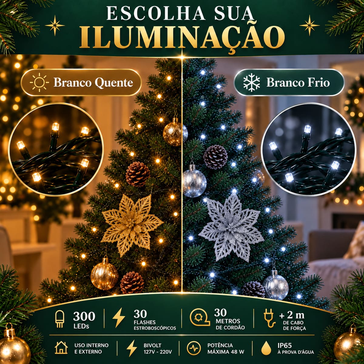 Strobo Pisca Pisca Cordão Natal 300 Leds 30m Prova D'Água Bivolt 30 Flash Decoração Enfeite Natal LuvinCo