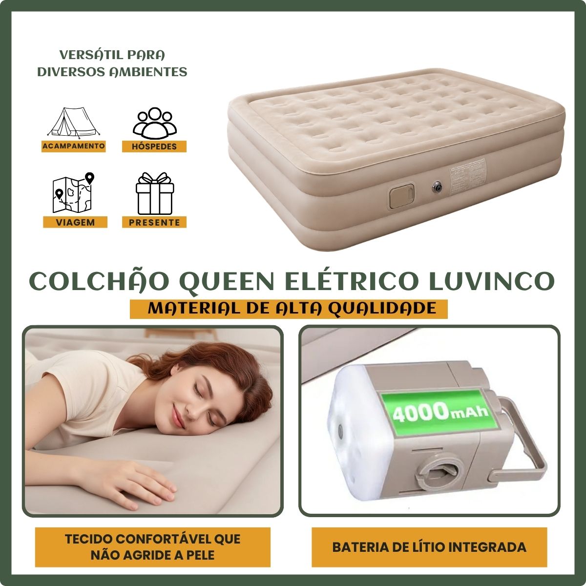 Colchão Inflável Queen Bateria Lítio Integrada 203x154x44cm Elétrico Prova D'água Acampamento Família Viagens Resistente E Confortável Luvinco Creme
