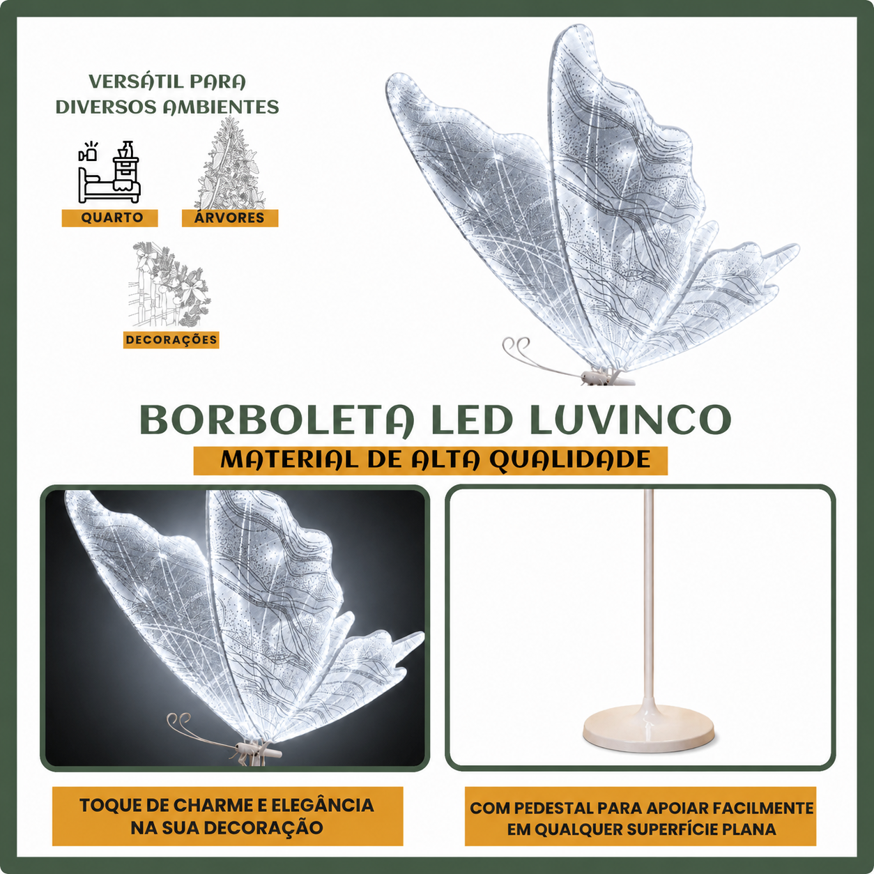 Borboleta Led Dourado Festa Decoração Natal 80cm Suporte