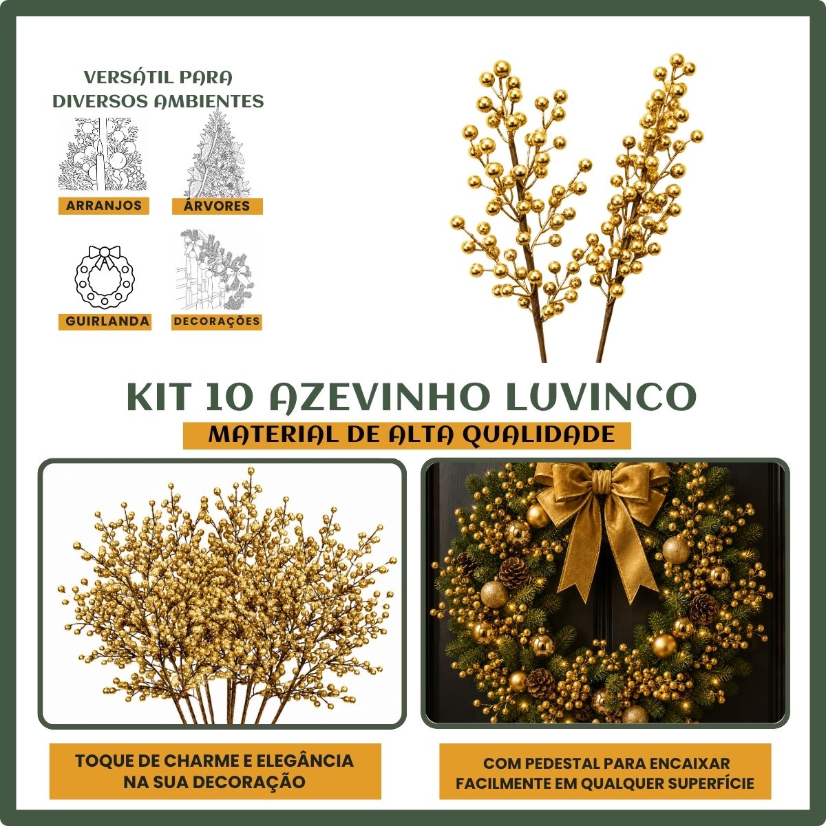 Kit 10 Azevinho Pick Galho Cereja Enfeite Natalino Decoração