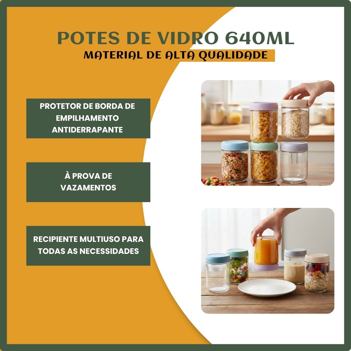 Kit 6 Potes De Vidros 650ml Tampa Vedação Hermética Boca Larga Armazenamento Praticidade Luvinco Transparente