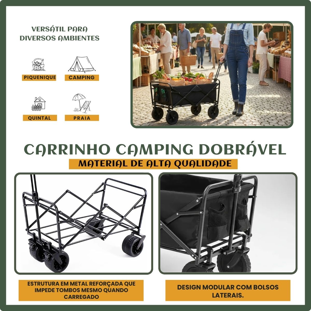 Carrinho Dobrável Multifunções Acampamento Praia Camping Impermeável 200kg Reforçado Portátil Preto