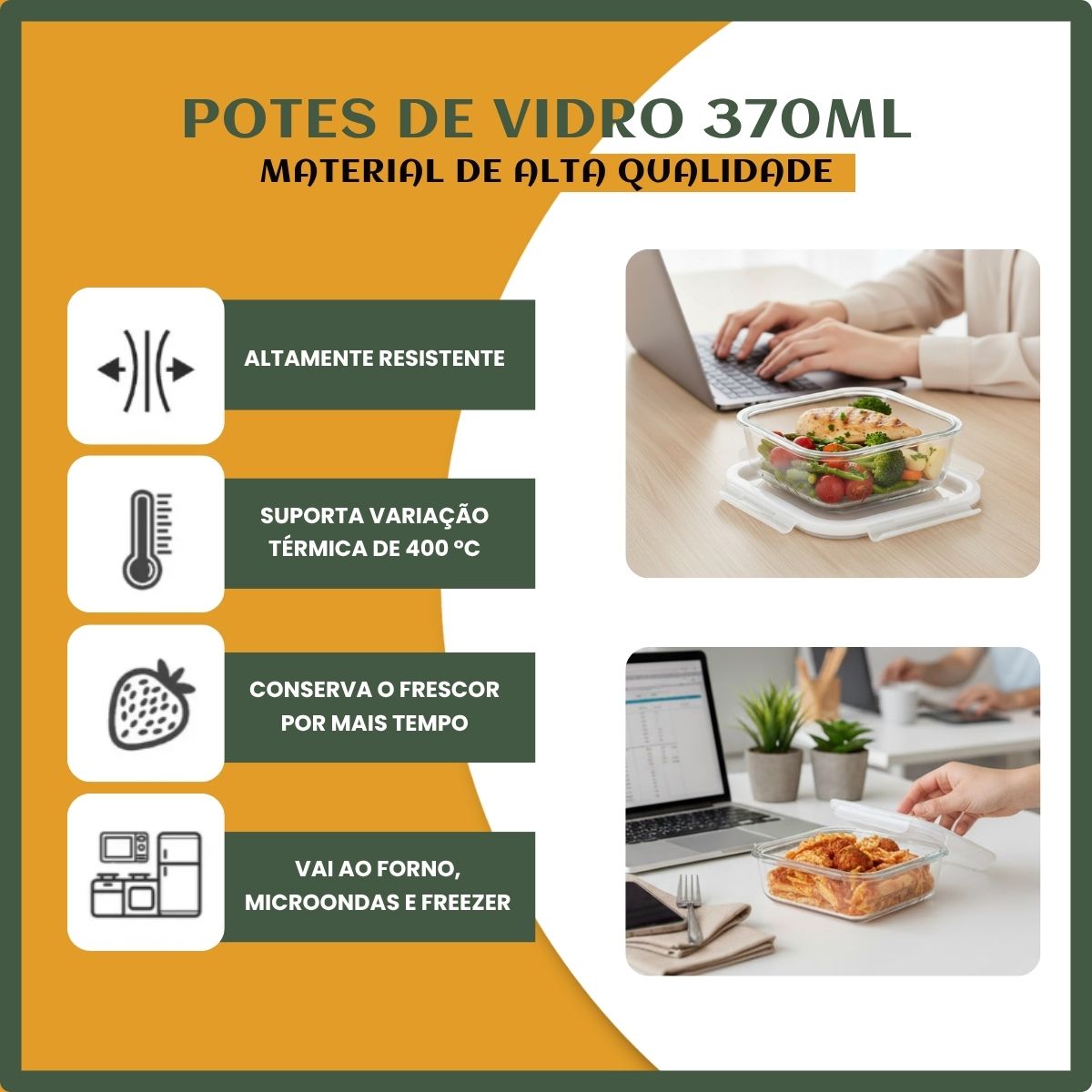 Kit 10 Potes Herméticos Vidro 370 ou 640ml Mantimentos  Forno Micro-ondas Airfryer Cozinha com 4 Travas Super Vedação LuvinCo