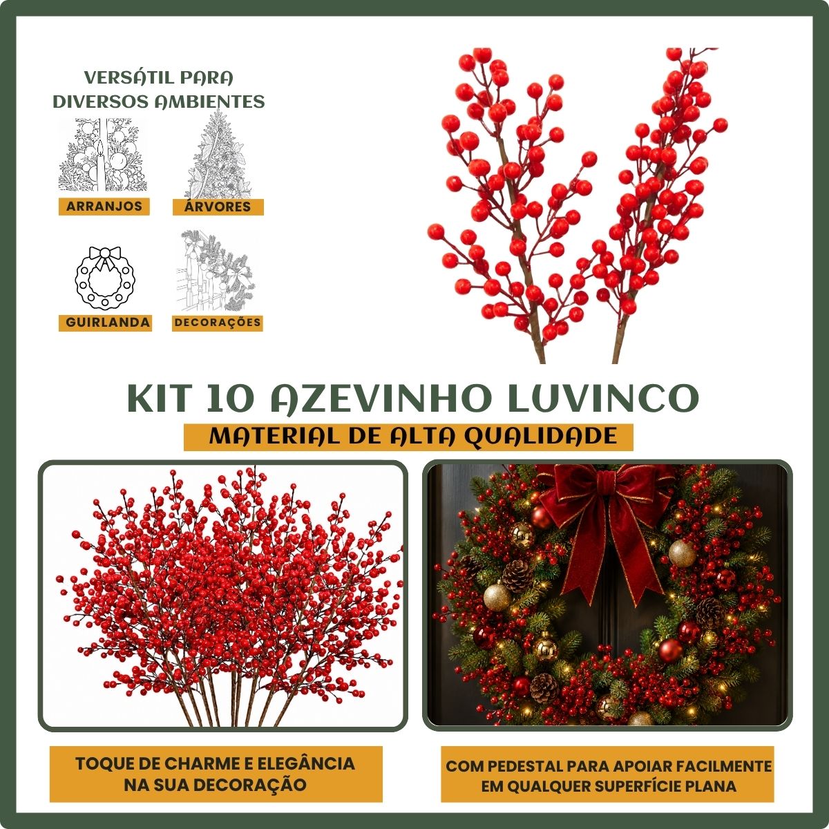 Kit 10 Azevinho Pick Galho Cereja Enfeite Natalino Decoração