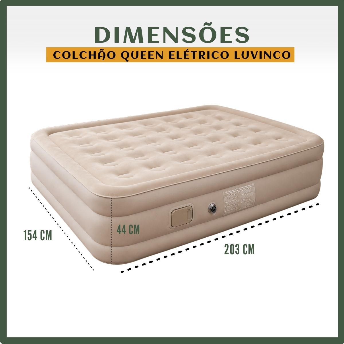 Colchão Inflável Queen Bateria Lítio Integrada 203x154x44cm Elétrico Prova D'água Acampamento Família Viagens Resistente E Confortável Luvinco Creme